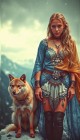 Viking woman standing on a snowy mountain top with a winter fox by her side